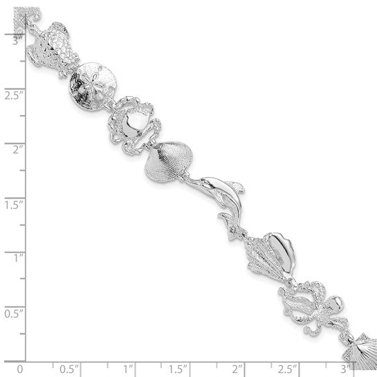 Million Charms 925 Sterling Silver Nautical Sea Life Multi Shell & Sea life Charm Link Bracelet, 7.25"" Length