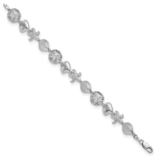 Million Charms 925 Sterling Silver Sea Life Shell, Starfish, Clam & Sand Dollar Charm Link Bracelet, 7" Length