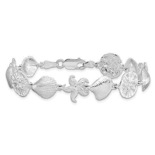 Million Charms 925 Sterling Silver Sea Life Shell, Starfish, Clam & Sand Dollar Charm Link Bracelet, 7" Length