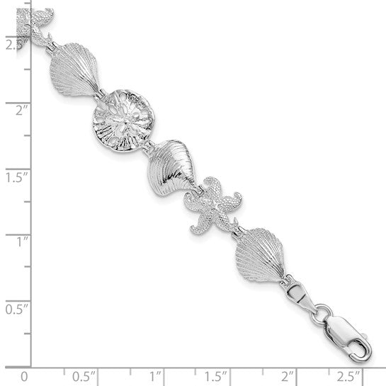 Million Charms 925 Sterling Silver Sea Life Shell, Starfish, Clam & Sand Dollar Charm Link Bracelet, 7" Length