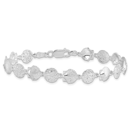 Million Charms 925 Sterling Silver Sand Dollar & Shell Charm Link Bracelet, 7.25" Length