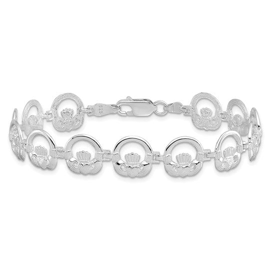 Million Charms 925 Sterling Silver Claddagh Circle Horizontal Charm Link Bracelet, 7.25" Length