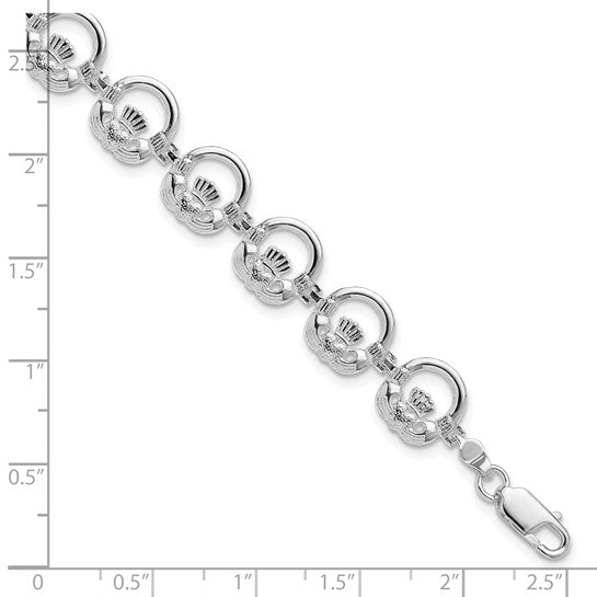Million Charms 925 Sterling Silver Claddagh Circle Horizontal Charm Link Bracelet, 7.25" Length