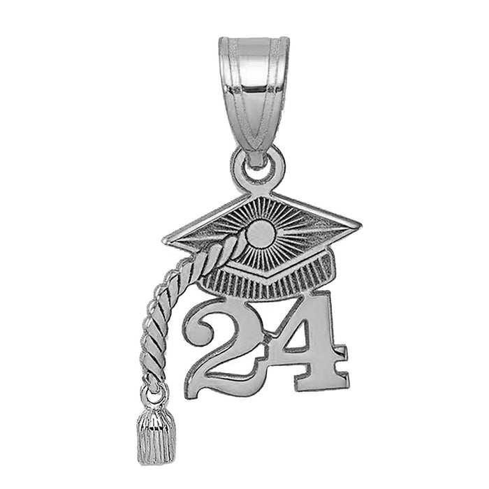 .925 Sterling Silver Graduation Necklace Charm Pendant, Graduation Cap with '24 and Dangling Tassel