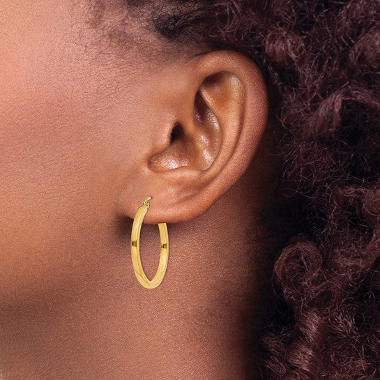 Million Charms 14k Yellow Gold 2mm Square Tube Hoop Earrings, 25mm x 2mm