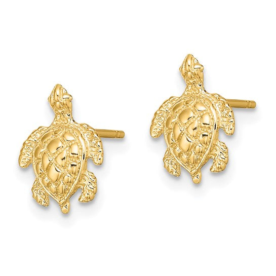 Million Charms 14k Yellow Gold 2-D & Textured Sea Turtle Post Earrings, 11.45mm x 8.4mm