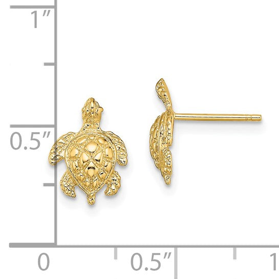 Million Charms 14k Yellow Gold 2-D & Textured Sea Turtle Post Earrings, 11.45mm x 8.4mm