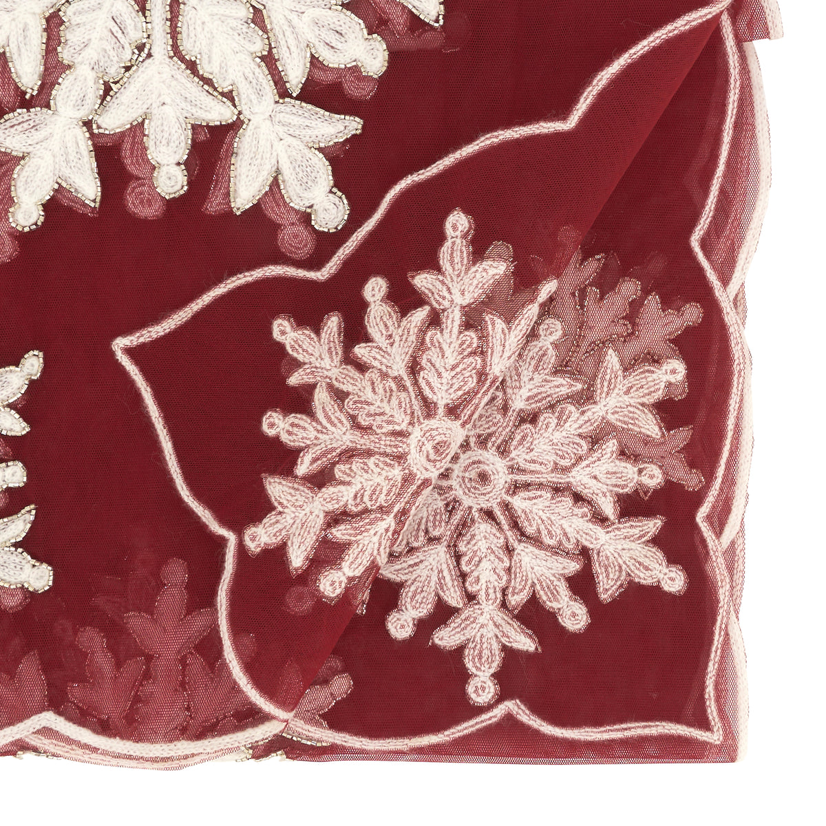 Red  Beaded + Embroidered Snowflake Topper  100% polyester