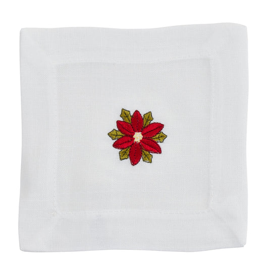 White Embroidered Poinsettia Napkins 100% Polyester, 6 Inch Square (12 pcs.)