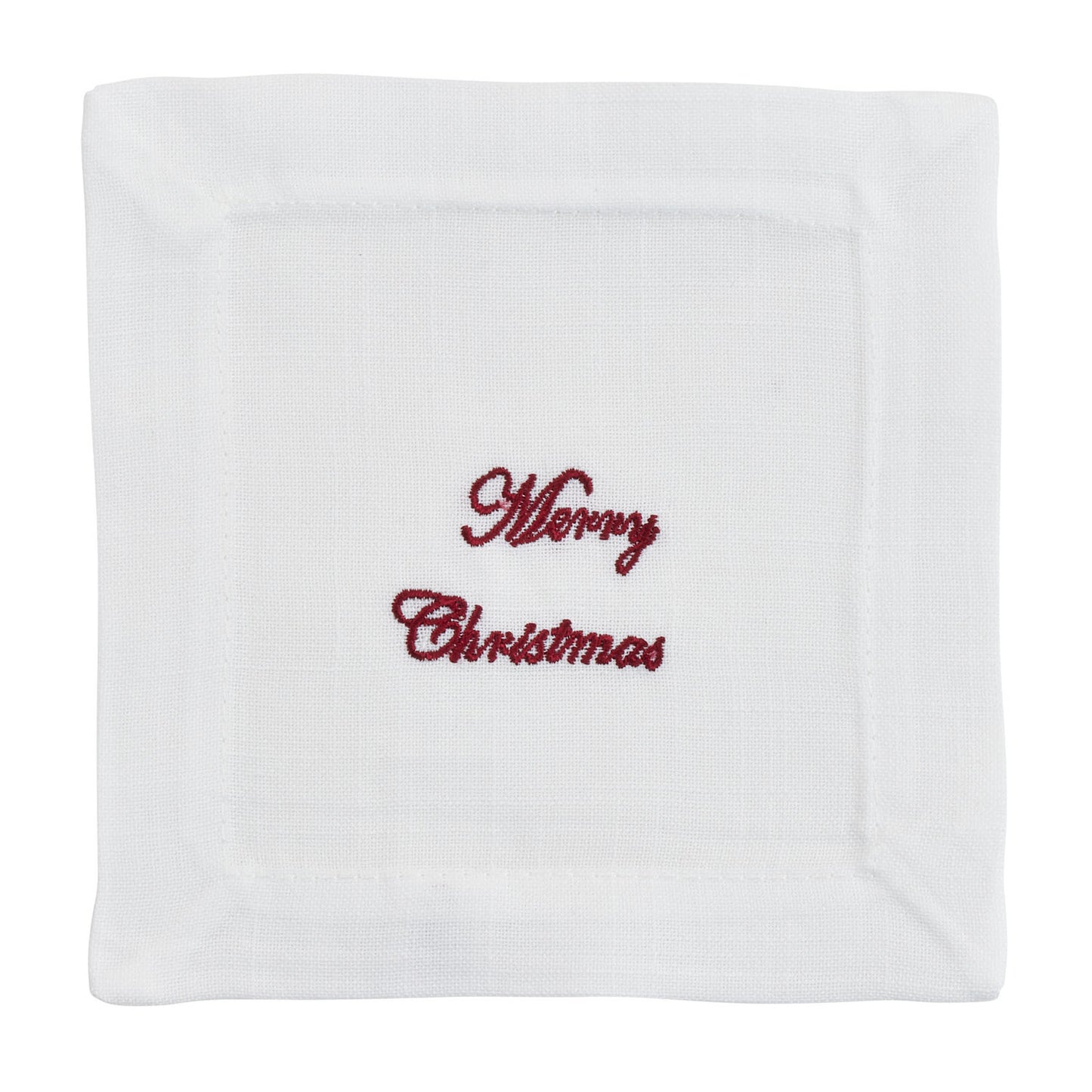 White Embroidered Merry Christmas Napkins Coaster 100% Polyester, 6 Inch Square (12 pcs.)