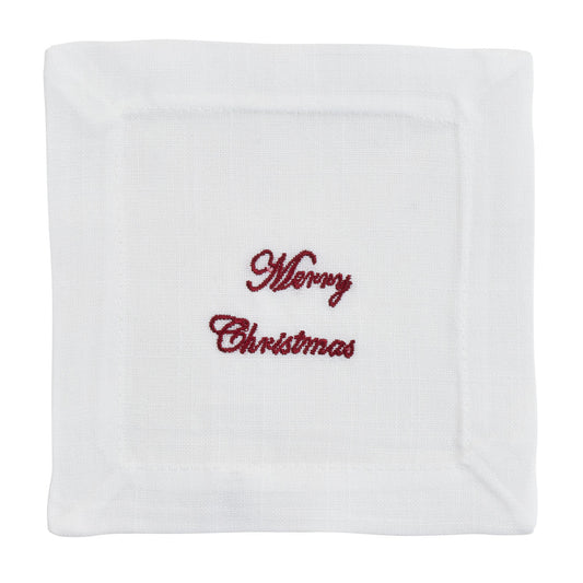 White Embroidered Merry Christmas Napkins 100% Polyester, 6 Inch Square (12 pcs.)