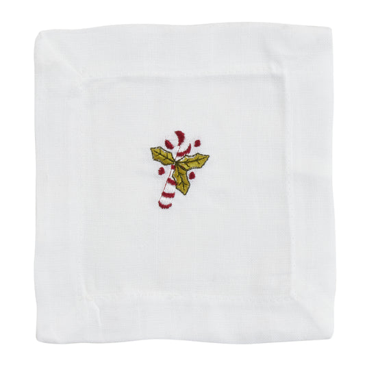 White Embroidered Candy Cane Napkins 100% Polyester, 6 Inch Square (12 pcs.)