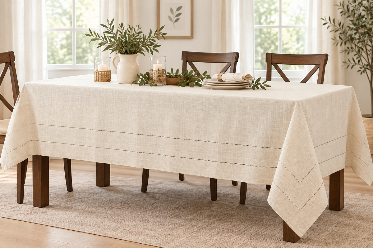 Natural Beige Tuscany Double Hemstitched Special Occasion Tablecloth  80% polyester - 20% linen