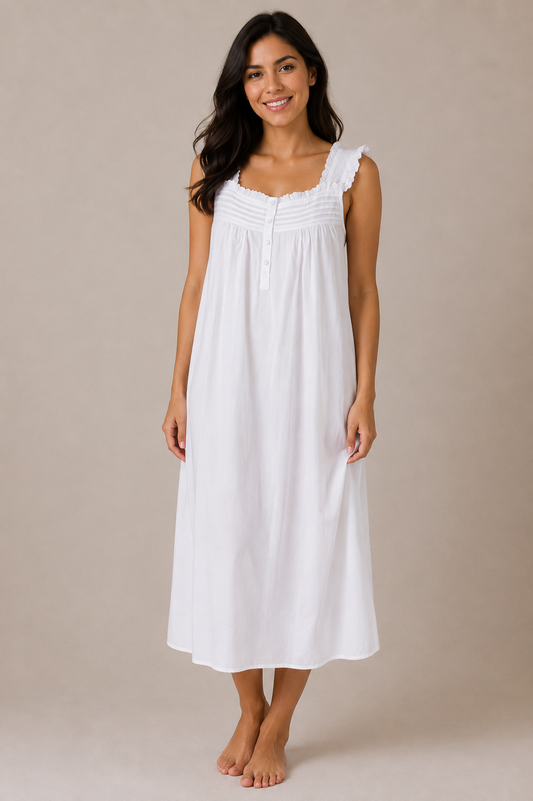 Taleen White 100% Cotton Maxi Wide Ruffled Strap Nightgown Nightdress
