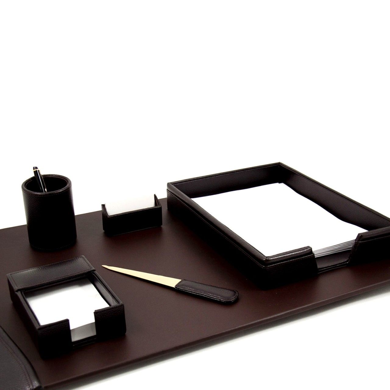 Occasion Gallery Brown Color 6 Piece Brown Leather Desk Set. Includes 18"x30" Desk Pad, Letter Tray, Pen Cup, Business Card Holder, 4"x6" Memo Pad and Letter Opener with Gold Plated Accent. 30 L x 18 W x 4 H in.