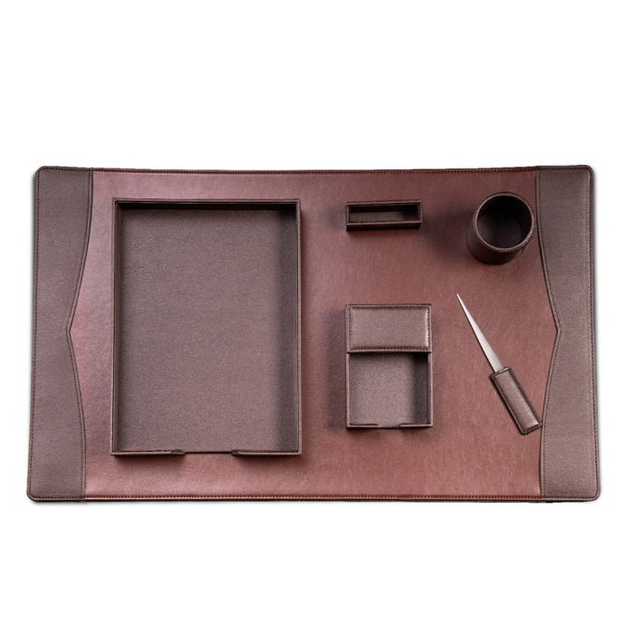 Occasion Gallery Brown Color 6 Piece Brown Leather Desk Set. Includes 18"x30" Desk Pad, Letter Tray, Pen Cup, Business Card Holder, 4"x6" Memo Pad and Letter Opener with Gold Plated Accent. 30 L x 18 W x 4 H in.