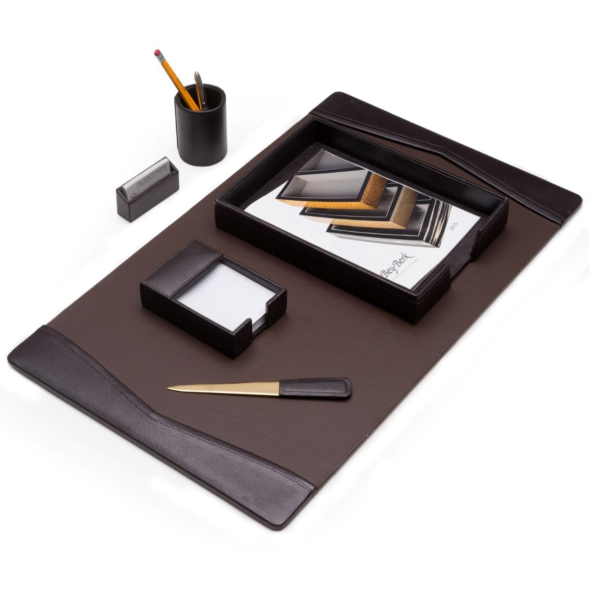 Occasion Gallery Brown Color 6 Piece Brown Leather Desk Set. Includes 18"x30" Desk Pad, Letter Tray, Pen Cup, Business Card Holder, 4"x6" Memo Pad and Letter Opener with Gold Plated Accent. 30 L x 18 W x 4 H in.