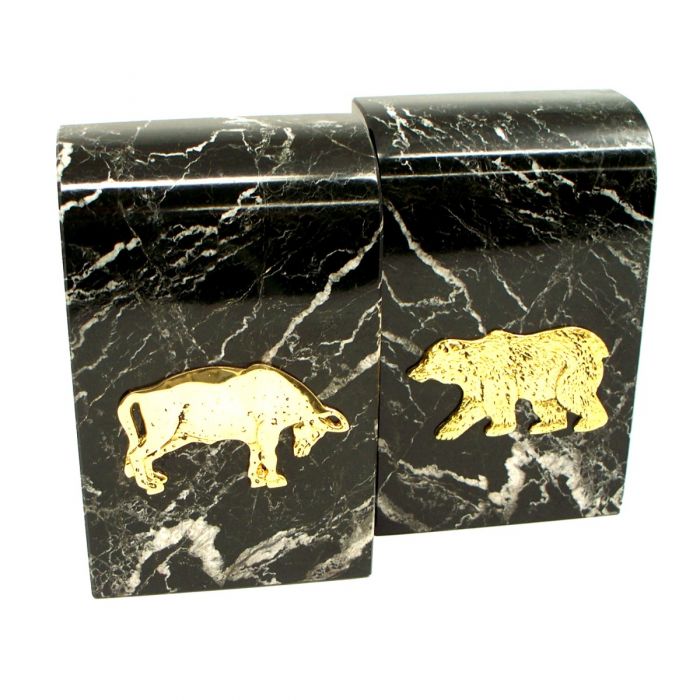 Occasion Gallery Hermes Black Zebra Marble/Gold Color Black "Zebra" Marble Bookends with Antique Gold Plated "Stock Market" Emblem. 4 L x 2 W x 6.5 H in.