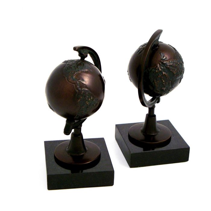 Occasion Gallery Bronze/Black Color Cast Metal Revolving Globe Bookends with Bronzed Finish on Black Marble Base. 3.85 L x 3.85 W x 8 H in.