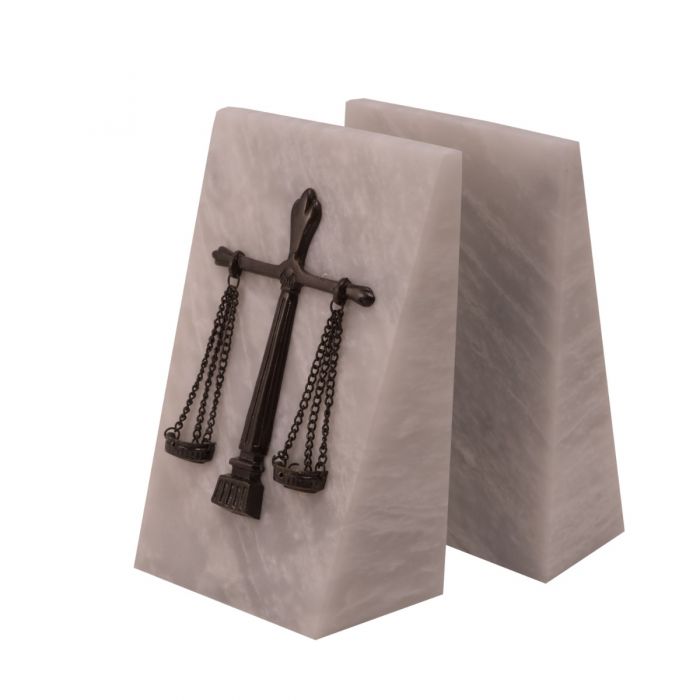 Occasion Gallery Themis White  Marble Bookends with Antique Silver Plated "Legal" Emblem. 5 L x 2.75 W x 7.5 H in.