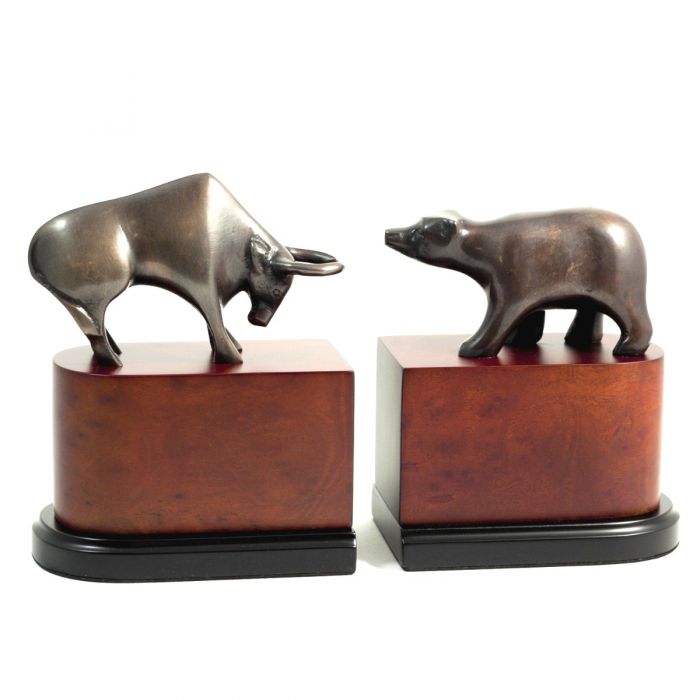 Occasion Gallery Burl/Black Color Cast Metal with Bronzed Finished Bull & Bear Bookends on a Burl and Black Wood Base.  5.75 L x 3.75 W x 7.5 H in.