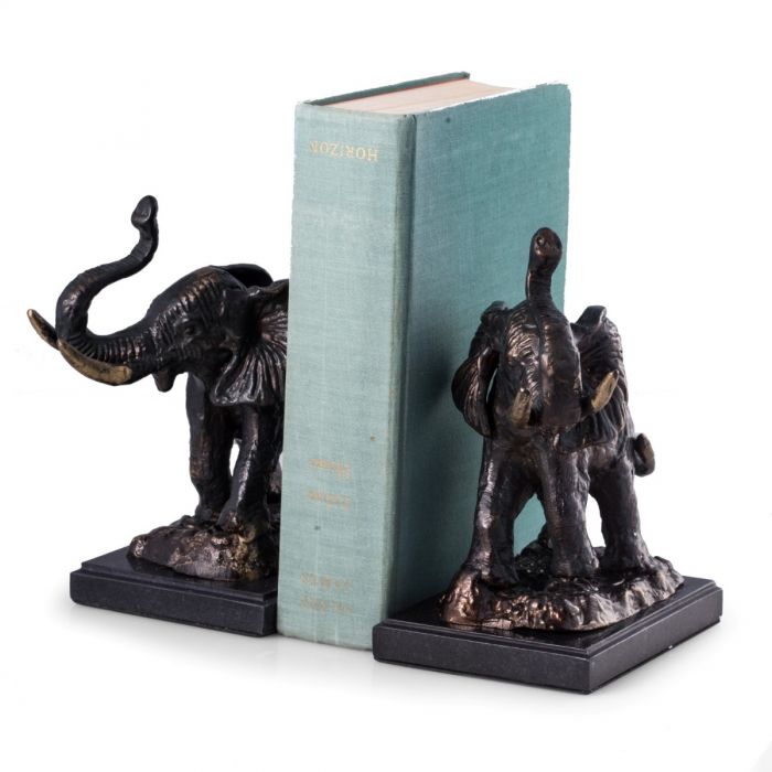 Occasion Gallery Bronze/Black Color Cast Metal Elephant Bookends with Bronzed Finish on Black Marble Base. 5.35 L x 4.15 W x 7 H in.