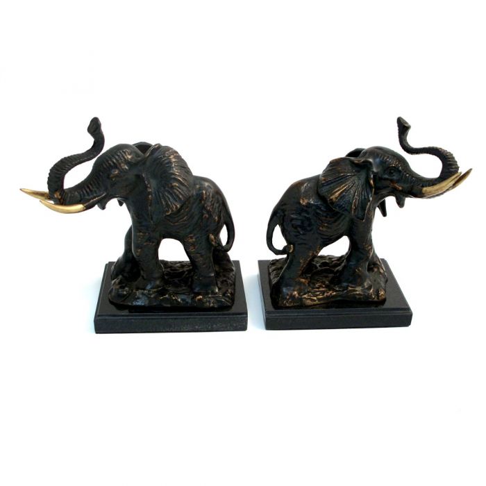 Occasion Gallery Bronze/Black Color Cast Metal Elephant Bookends with Bronzed Finish on Black Marble Base. 5.35 L x 4.15 W x 7 H in.