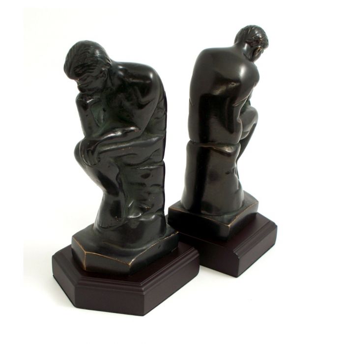 Occasion Gallery Black Color Cast Metal Thinker Bookends with Bronzed Finish on Wood Base. 3.75 L x 3.65 W x 7.75 H in.