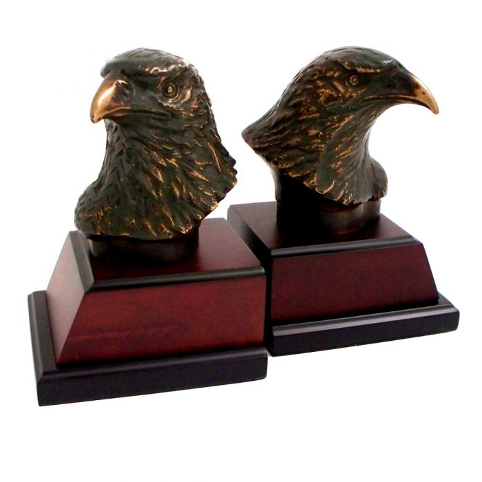 Occasion Gallery Burl/Black Color Cast Metal Eagle Bookends with Bronzed Finish on Burl and Black Wood Base. 5 L x 5.25 W x 7.75 H in.