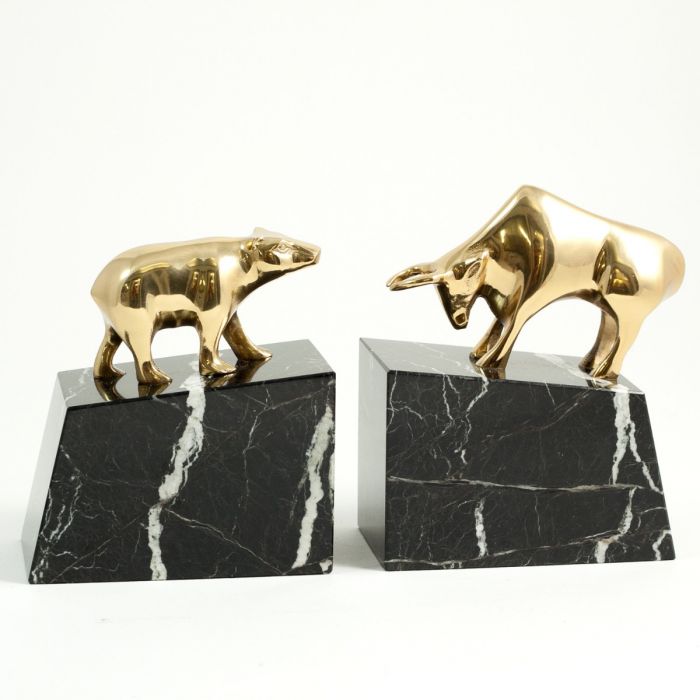 Occasion Gallery Black Zebra Marble Color "Stock Market" Brass Bull & Bear Bookends on Black "Zebra" Mable Base. 5.5 L x 3 W x 6.5 H in.