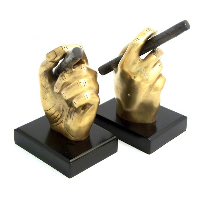Occasion Gallery Gold Color Antique Brass Cigar in Hand Bookends on Black Wood Base. 3.5 L x 4.65 W x 8 H in.