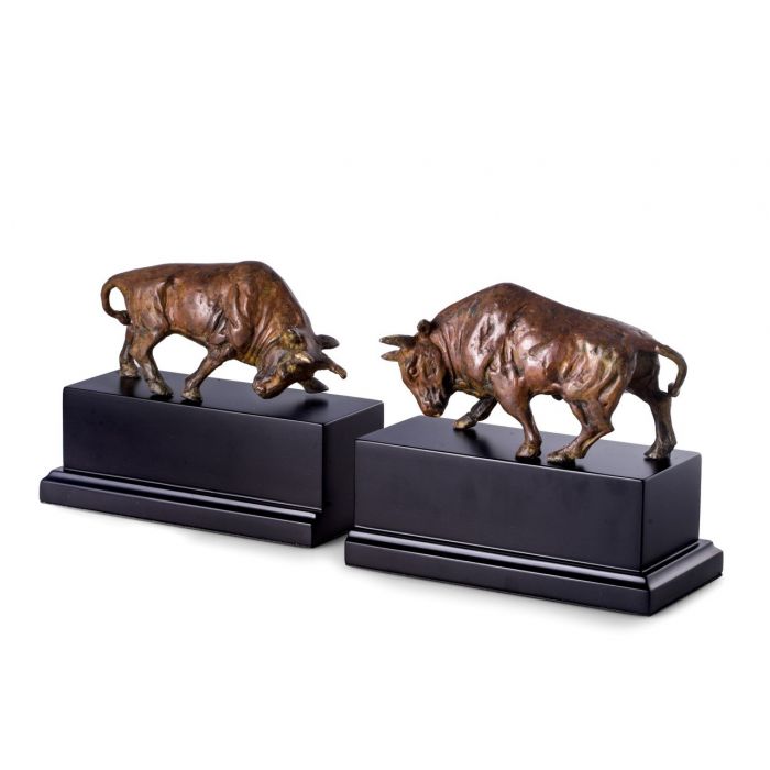Occasion Gallery Black/Brass Color Brass Double Bull Bookends with Flamed Patina Finish on Black Wood Base. 6.75 L x 3.5 W x 6.25 H in.