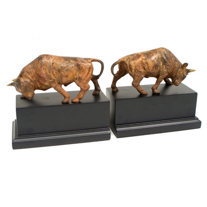 Occasion Gallery Black/Brass Color Brass Double Bull Bookends with Flamed Patina Finish on Black Wood Base. 6.75 L x 3.5 W x 6.25 H in.