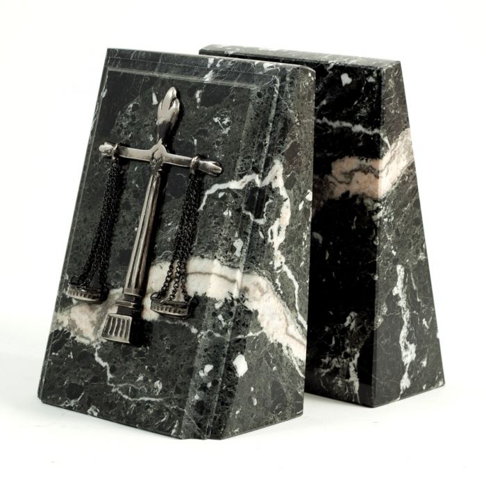 Occasion Gallery Black Themis Marble/Silver Color Beveled Black "Zebra" Marble Bookends with Antique Silver Plated "Legal" Emblem. 3.5 L x 4.5 W x 7.25 H in.