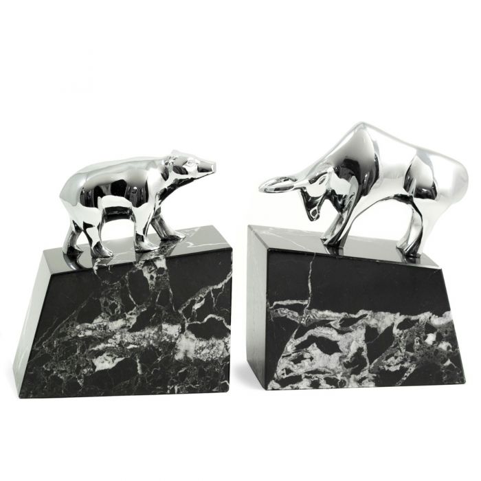 Occasion Gallery Black Zebra Marble/Silver Color "Stock Market" Silver Plated Bull & Bear Bookends on Black "Zebra" Mable Base. 5.5 L x 3 W x 6.5 H in.