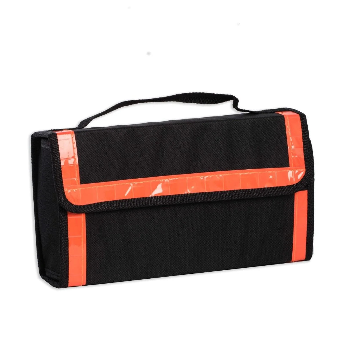 Occasion Gallery BLACK/ ORANGE Color 11 Piece Car Emergency Tool Set. Includes Canvas Carrying Case w/ Emergency Reflectors, Jumper Cables, Tire Gage, Ratchet Set, Safety Gloves, Electric Tape, Pliers, & Circuit Tester.  11.75 L x 3.25 W x 6.25 H in.