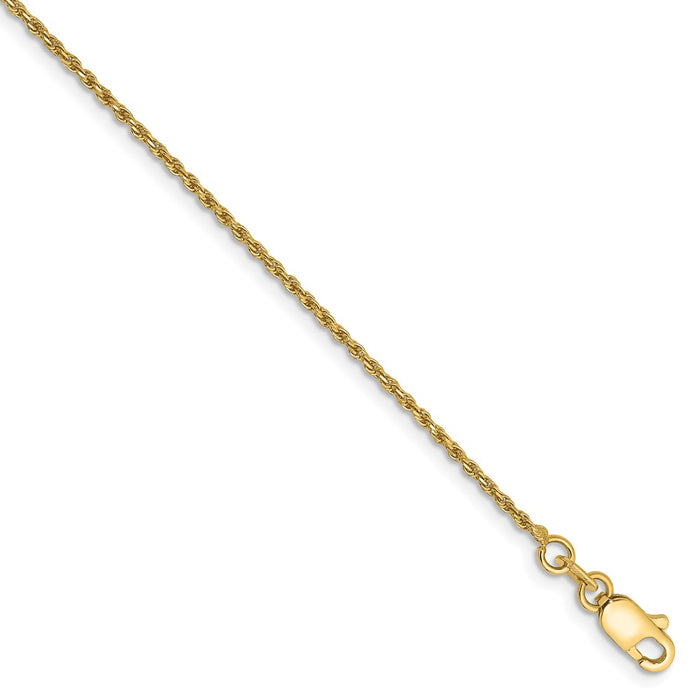 Million Charms 14k Yellow Gold 1.15mm Machine-made Rope Chain Anklet, Chain Length: 9 inches