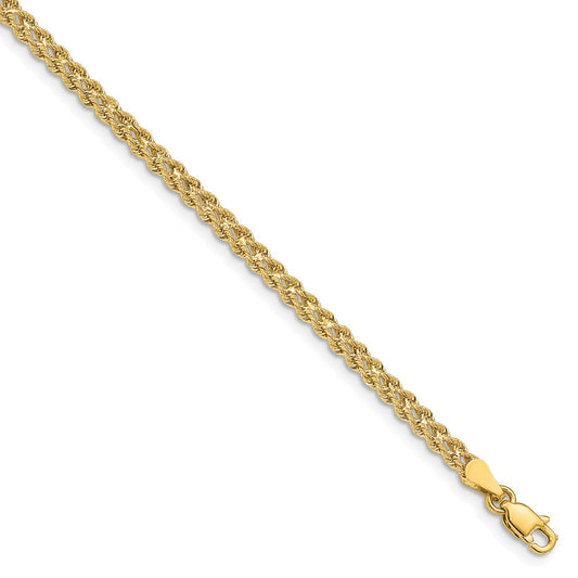 Million Charms 14k Yellow Gold 3.0mm Wide Double Strand Rope Bracelet, Chain Length: 7 inches
