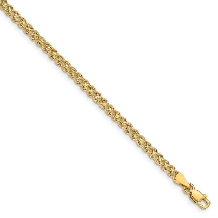 Million Charms 14k Yellow Gold 3.0mm Wide Double Strand Rope Bracelet, Chain Length: 8 inches