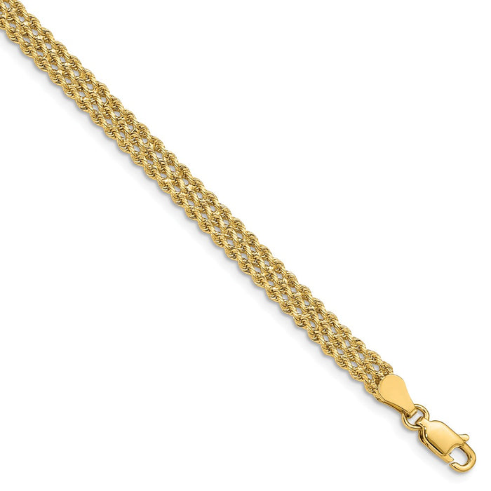 Million Charms 14k Yellow Gold 4.5mm Wide Triple Strand Rope Bracelet, Chain Length: 7 inches