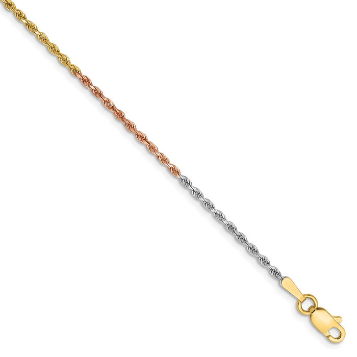 Million Charms 14k Tri-Color 1.5mm Diamond-cut Rope Chain Anklet, Chain Length: 9 inches