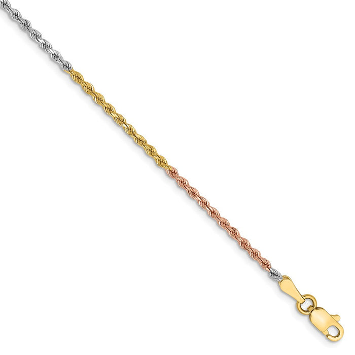 Million Charms 14k Tri-Color 1.75mm Diamond-Cut Rope Chain, Chain Length: 10 inches