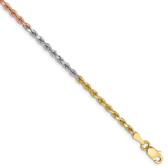 Million Charms 14k Tri-Color 2.5mm Diamond-Cut Rope Chain, Chain Length: 7 inches