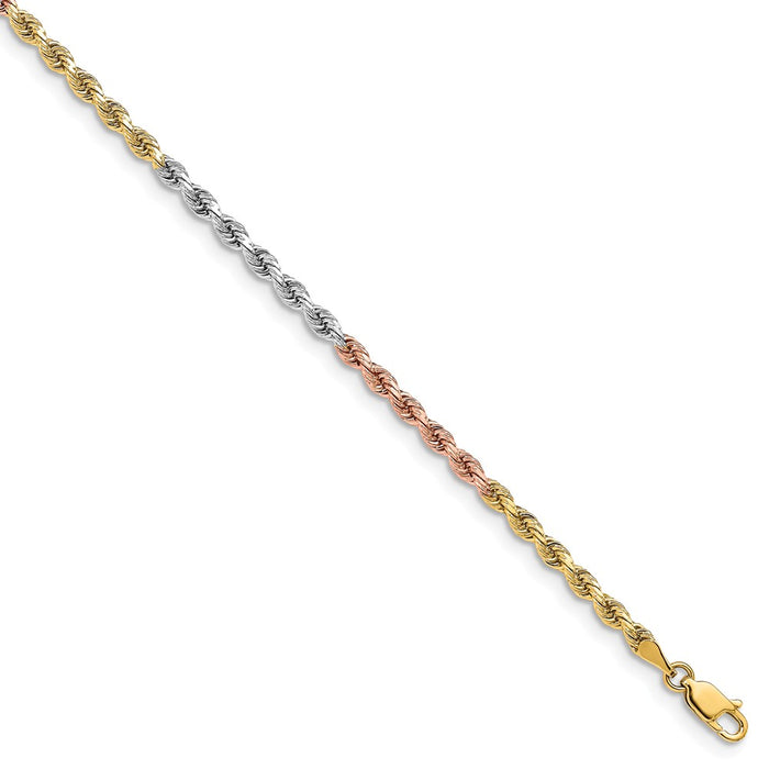 Million Charms 14k Tri-Color 3mm Diamond-Cut Rope Chain, Chain Length: 8 inches