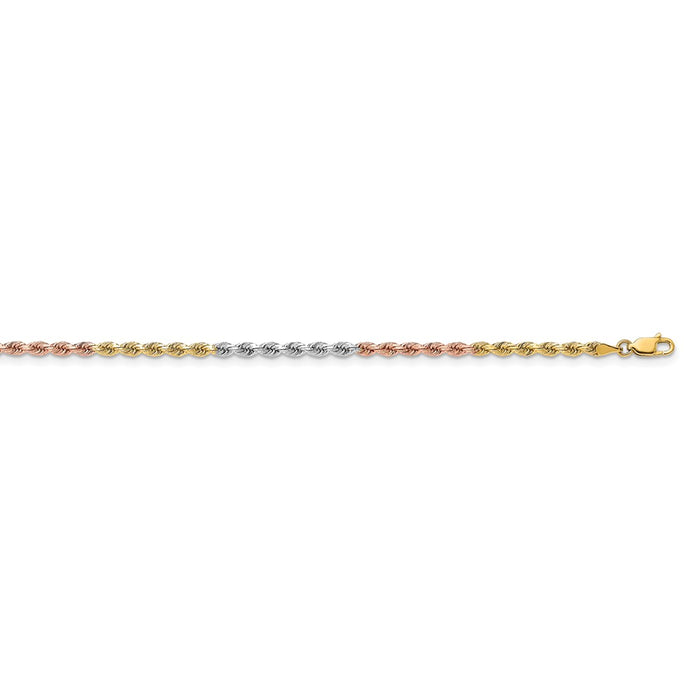 Million Charms 14k Tri-Color 3mm Diamond-Cut Rope Chain, Chain Length: 20 inches