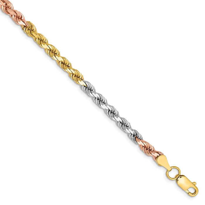 Million Charms 14k Tri-Color 4mm Diamond-Cut Rope Chain, Chain Length: 8 inches
