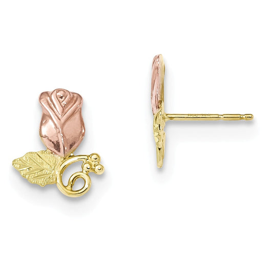 Black Hills Gold 10k Yellow Gold Tri-Color Rose Post Earrings, 12.02mm x 9.79mm