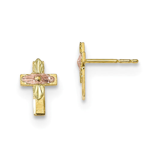 Black Hills Gold 10k Yellow Gold Tri-Color Cross Earrings, 10.36mm x 6.58mm