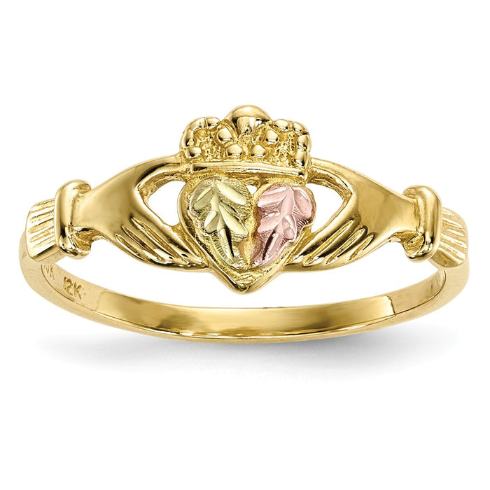 Black Hills Gold 10k Yellow Gold Tri-Color Claddagh Ring, Size: 7