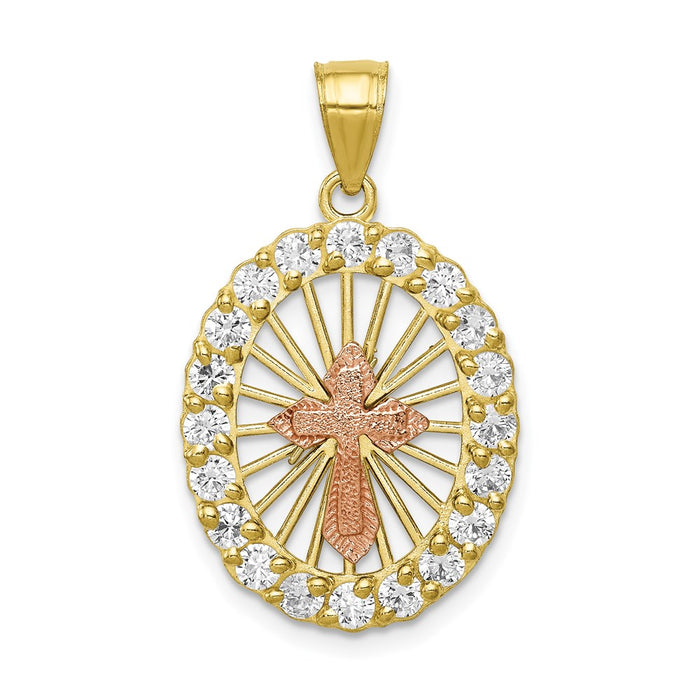 Million Charms 10K Two-Tone Themed (Cubic Zirconia) CZ Relgious Cross Pendant